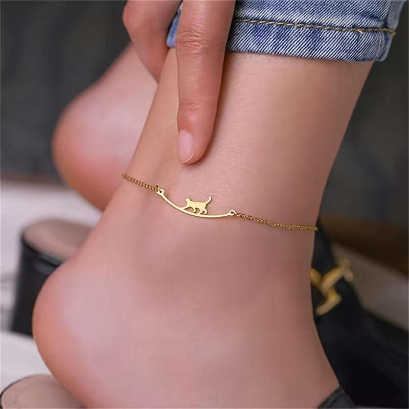 Tobillera de acero inoxidable con motivo de gato para jóvenes/niños